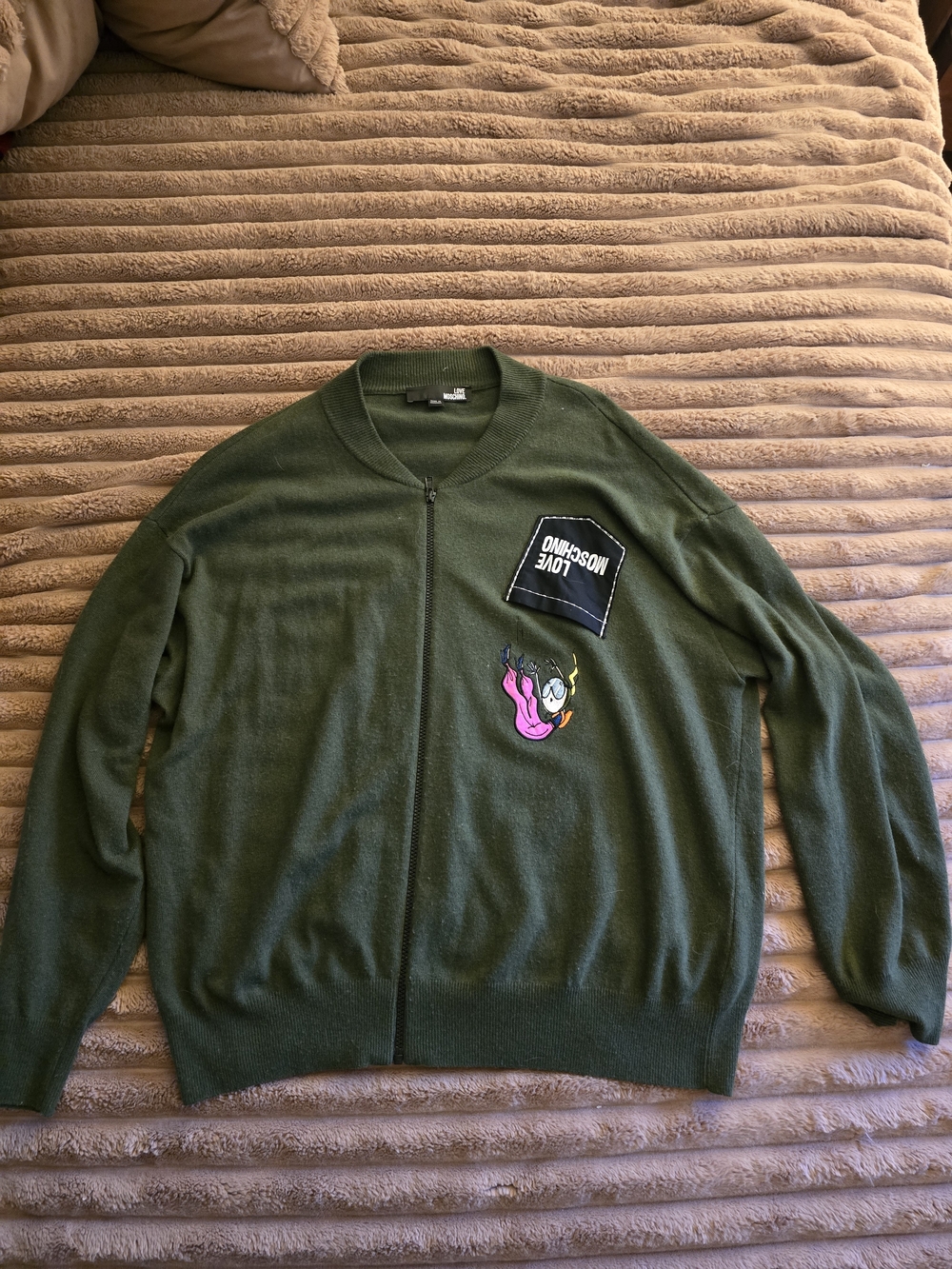 Moschino Olive Green Zip Cardigan with Playful Patch